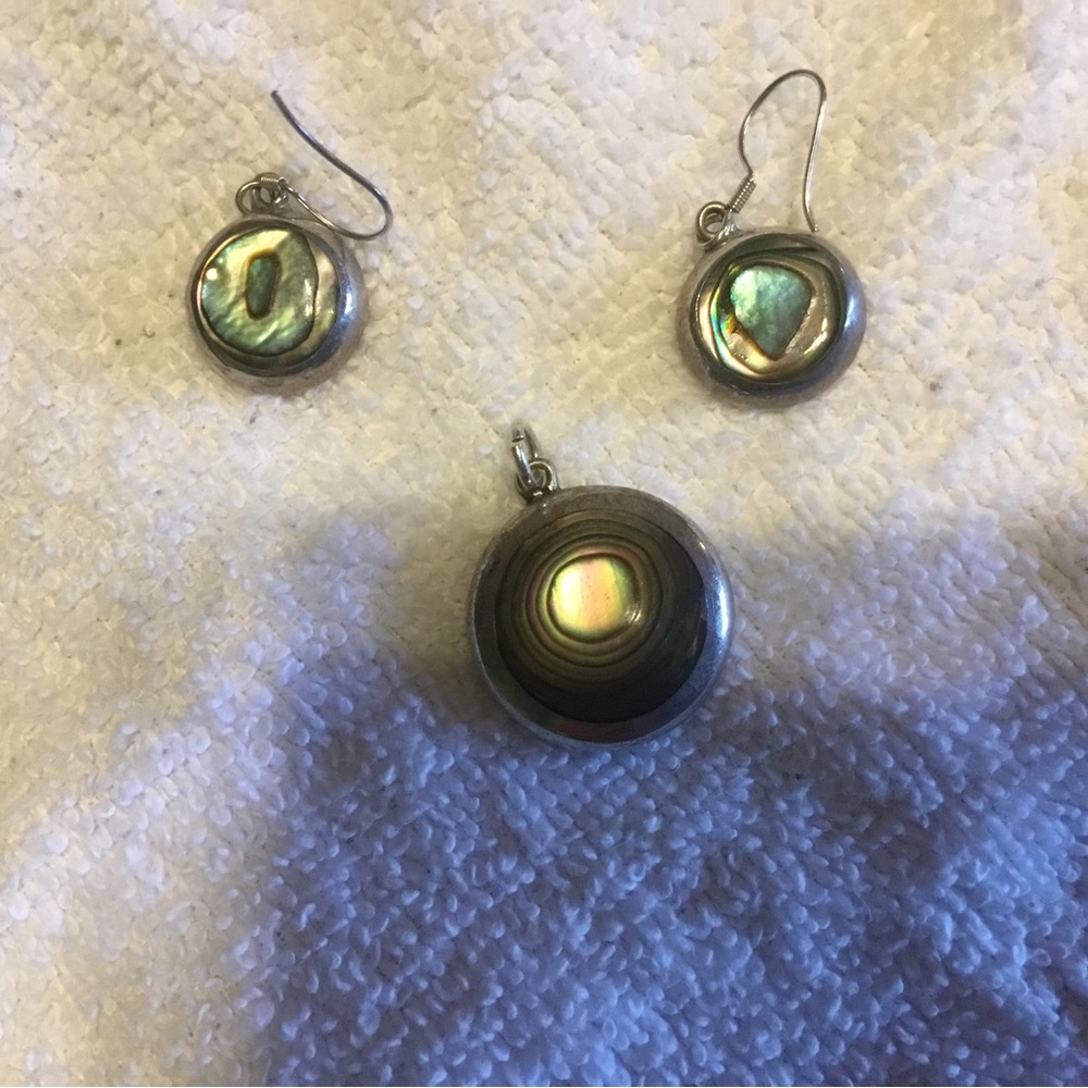 Abalone and silver pendant and earrings